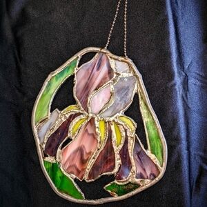 Purple Iris Flower Suncatcher Stained Glass Panel OOAK